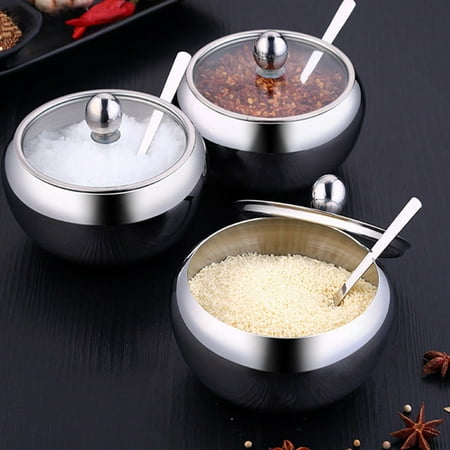 Stainless Steel Seasoning Can Sugar Salt Storage Jar Container with A Spoon j Stainless Steel Seasoning Can Sugar Salt Storage Jar Container with A Spoon j